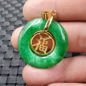 De gros vert jade charme collier-Csja — collier traditionnel chinois en jade vert, boucle, pendentif rond, signe de lune, breloques pour femmes