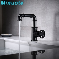 Robinet de lavabo industriel moderne noir à poignée unique, à poser sur le comptoir, en laiton, mitigeur chaud/froid