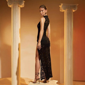 Đầm không tay mỏng xẻ cao khoét lỗ ren đơn giản khoét sâu thời trang màu trơn thời trang gợi cảm - Product Image 4