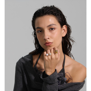 JINYOU 6842 Vintage Brown Tiger Stone Natural Stone Shell <strong>Ring</strong> Adjustable Stainless Steel Hollow Design <strong>Open</strong> <strong>Ring</strong> - Product Image 3