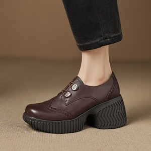 Meilleures ventes : Chaussures décontractées à talon épais, en cuir de vachette pleine fleur, couleur unie, style rétro, avec ceinture décorative, antidérapantes, durables et imperméables - Product Image 3