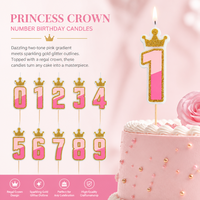 Lot de bougies numérotées pour gâteau, thème Princesse, 0-9, avec couronne et chiffres dégradés roses, sur piques en bois