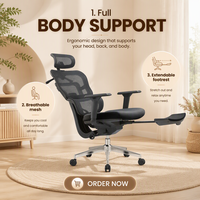 Chaise de bureau de direction moderne avec accoudoirs réglables, dossier divisé, base chromée pivotante, dossier haut en maille ergonomique et repose-jambes