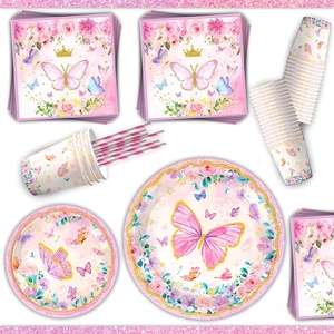 Ensemble de décoration de fête sur le thème du lac papillon rose jetable pour l'obtention du diplôme comprenant des assiettes en papier pour les anniversaires et autres célébrations - Product Image 4