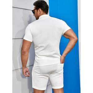 2025เซ็ตเสื้อโปโลแขนสั้นลำลองสำหรับผู้ชายชุดเสื้อสเวตเตอร์ถัก2ชิ้นเนื้อเรขาคณิตสีพื้น - Product Image 3