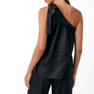 Hot Sales Summer Essential Women Linen Tops Resort Style One Shoulder <b>Tie</b> Detail Elastic <b>Back</b> Tank Top - Product Image 2