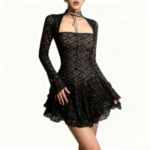 Vestido mini de encaje con cuello en U y cordones INS para mujer, ajustado, con mangas acampanadas, línea A, sexy, transparente, para discoteca, fiesta, ropa de calle. - Product Image 5