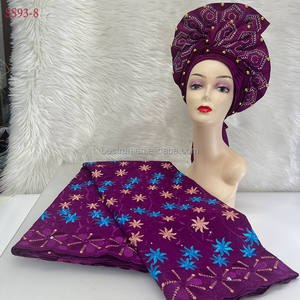 SS93 encaje suizo con bufanda tela nigeriana ASO Oke con turbante de cuentas auto gele headtie mujeres capó headwrap tela de encaje africano - Product Image 2