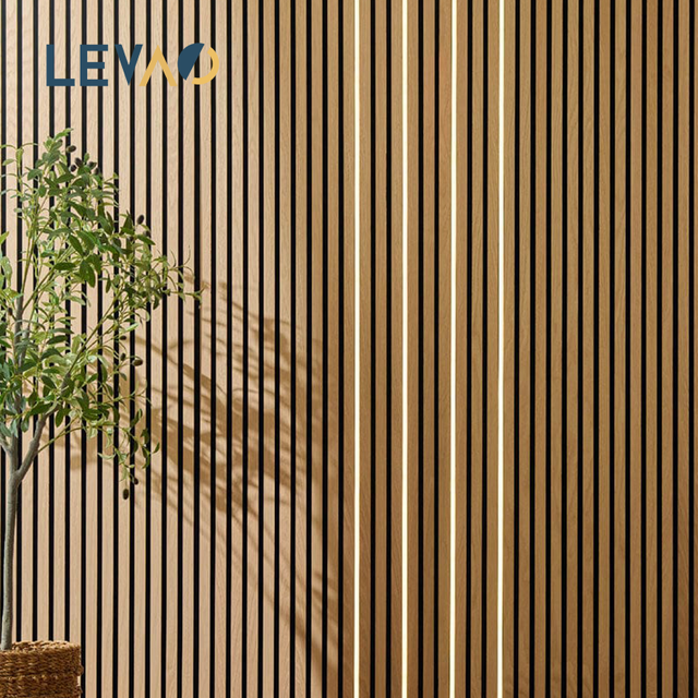 Meeting Lounge Polyester Fiber Wooden Fluted Decorative LED Lights Noise Control Background Interior Acoustic Slat Wall Panel