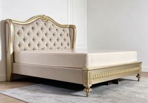 Premium Queen Size Gold Trim <b>Bed</b> With Beige Diamond Tufted Nailhead Ornate Carved Headboard For European Luxury Bedroom - Product Image 5