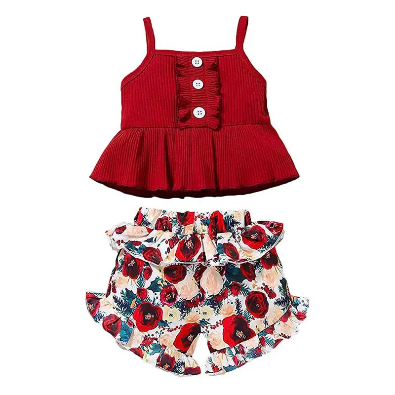 Summer Toddler Baby Girl Sling Top + Floral Short Pants 2Pcs Baby Girl Shorts Set SADG-058