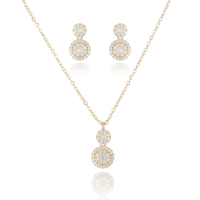 Magnífico Conjunto de Collar y Pendientes con Circonitas Cúbicas Engastadas en Doble Círculo, Cadena Fina de Oro de 14K, Estilo Elegante para Banquete, Joyería al por Mayor para Mujer