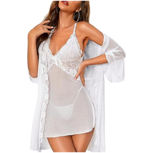 Hot Selling Luxury Elegant Women's Summer Sexy Lingerie Seduction Lace <b>Suspender</b> Smooth Breathable See Dress Nightgown Set - Product Image 1