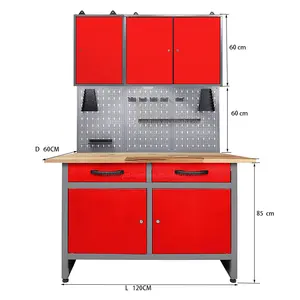 Modern design workshop equipment Red 4 Pieces with LED Lighting Workshop Made of: Workbench, 2 x Tool Cabinets