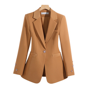 Women's Blazer Caramel Color Slim Fit Long Sleeve Solid Color Anti-Wrinkle Professional Wear - Product Image 5
