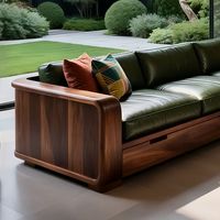 Canapé trois places en bois massif, grand modèle pour salon, en noyer noir et cuir véritable, idéal pour gîte, hôtel, villa