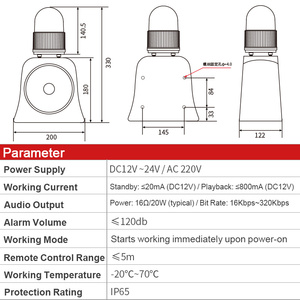 Alarma de Advertencia Industrial Wtsafe SF-503, Sirena Exterior de 120dB con Luz Estroboscópica, USB Personalizable, DC12V/24V AC220V - Product Image 6