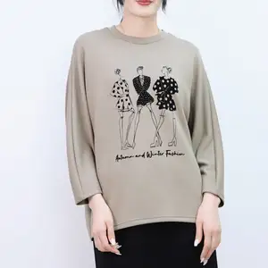 Maglietta personalizzata con stampa di lettere addensate da donna maglietta a maniche lunghe da donna elegante Top floccato stampato da donna