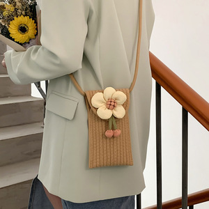 Woven Mobile Phone Bag Vertical <b>Square</b> Khaki Off White Flower Design Portable Everyday Outfits Summer 2022 - Product Image 1