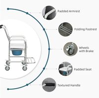 Chaise de toilette et de douche médicale 4-en-1 avec roues, capacité 120 kg, cadre en aluminium, siège en PU, frein de roue pour la rééducation