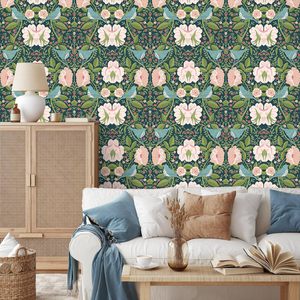 Papier peint adhésif en vinyle HAOKHOME personnalisé avec motif floral, oiseaux et fraises, vert/rose/bleu, 17,3 pouces x 9,8 pieds, décoration de salle de bain et de chambre à coucher - Product Image 5