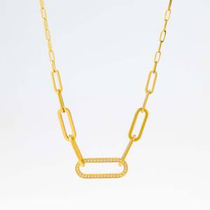 สร้อยคอผู้หญิงสแตนเลสสตีลชุบทอง 18K แบบโซ่คลิปหนีบกระดาษประดับเพชรซิร์คอน ดีไซน์หรูหราเรียบง่ายทันสมัย - Product Image 3