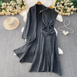 Cappotto Cardigan lungo lavorato a <span class=keywords><strong>maglia</strong></span> da donna <span class=keywords><strong>in</strong></span> due pezzi + abito senza maniche elegante autunno - Product Image 1
