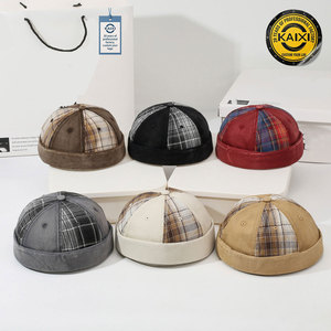 Casquette de baseball en coton à carreaux vieillis, avec logo personnalisé, style vintage, unisexe, ajustable, tendance streetwear, sans visière, type docker - Product Image 1