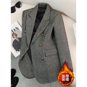 Women's Herringbone Wool Blazer Double Breasted Thick Warm Autumn Winter Coat With Pocket Elegant Style - Product Image 1