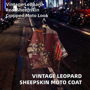 <b>Ladies</b> Vintage Leopard Print Real Leather Cropped Motor Jacket Genuine Sheepskin Autumn <b>Coat</b> - Product Image 2