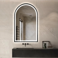 Miroir de salle de bain LED à arche anti-buée avec cadre en aluminium noir, éclairage avant et arrière, à intensité réglable