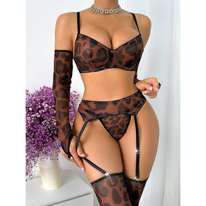 Nouvel ensemble de lingerie féminine en maille à motif léopard, respirant, séduisant, avec effet push-up, cinq pièces - Product Image 1