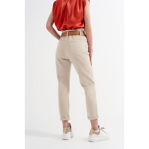 Vaqueros Mom con Cintura Elástica Tipo Bolsa de Papel en Beige - Product Image 1