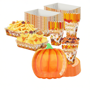 Ensemble de vaisselle pour fête de Thanksgiving, 134 pièces, assiettes en forme de citrouille, boîtes à popcorn, plateaux alimentaires, kit de repas jetable pour l'automne - Product Image 1