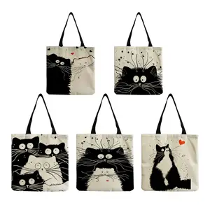 Customized Shopping Bag Cute Cat Printing Women Handbag Totes with Print Logo Casual Traveling Beach Bags Dropshipping Wholesale
