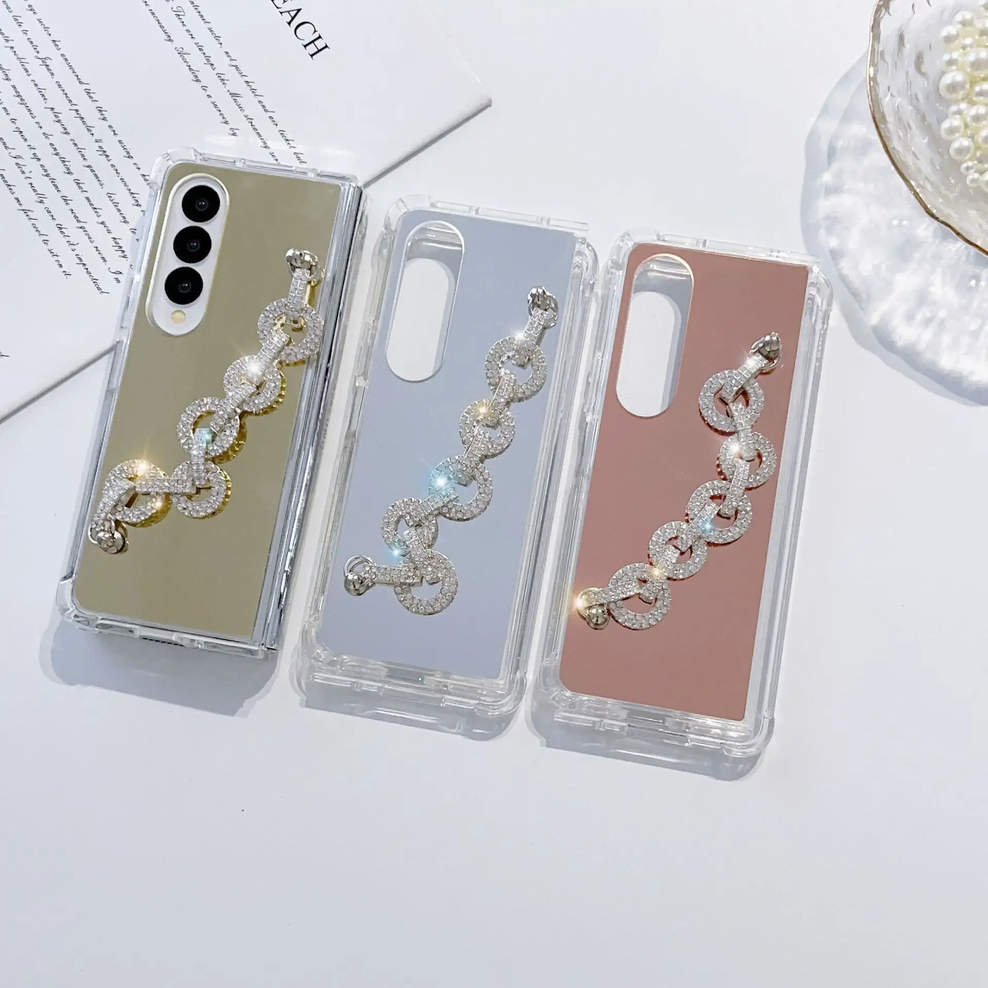 Luxury Women Bling Glitter Mirror Phone Case with Diamond Crystal Chain StrapFor Samsung zFold 3 zFold 4 For iphone 14 pro max