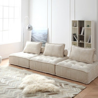 Canapé modulaire en forme de L, style minimaliste, en forme de bloc de tofu crème, revêtement en tissu, cadre en bois personnalisable pour petits appartements