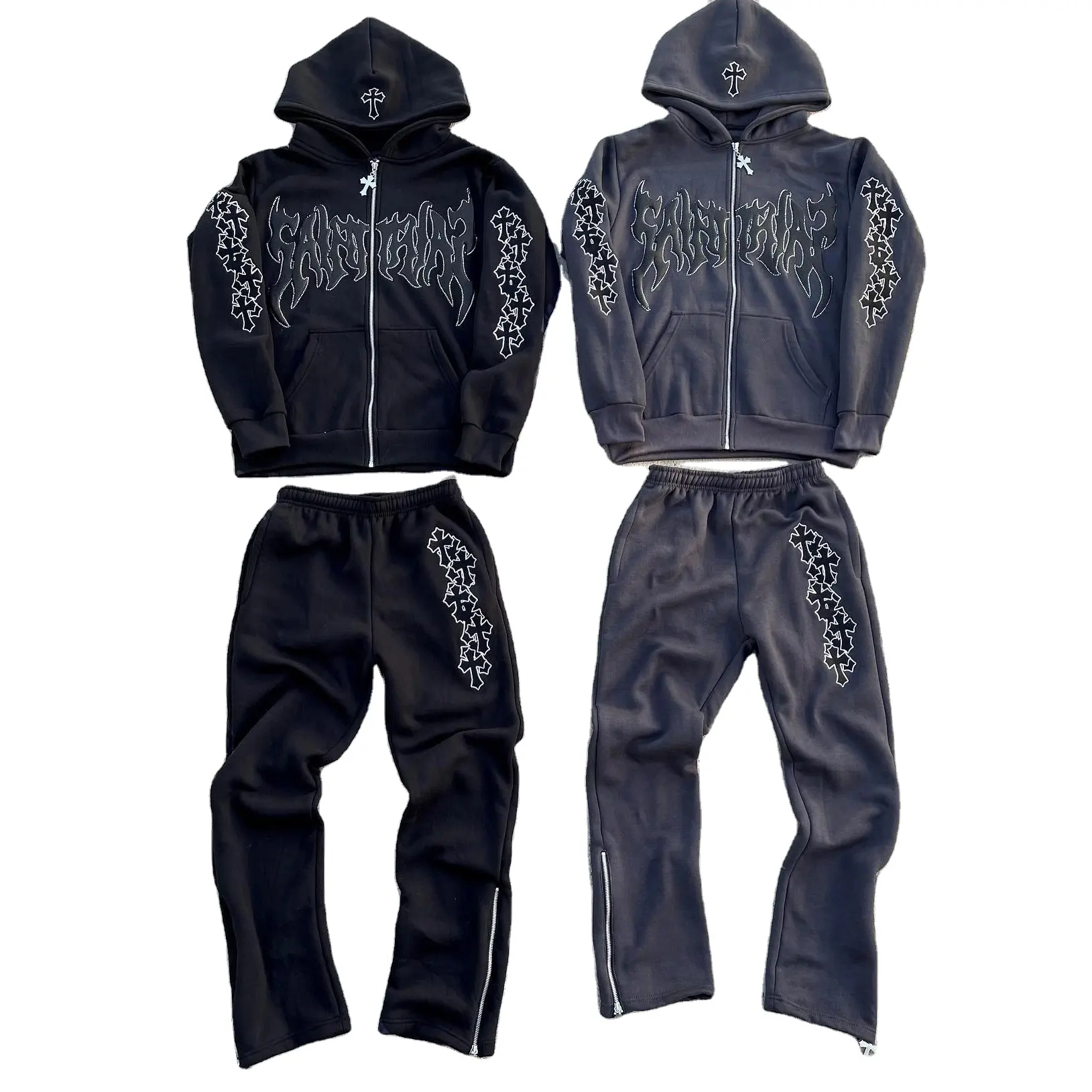 Bán Buôn Tùy Chỉnh Chất Lượng Cao Heavyweight Quá Khổ Pháp Terry 500gsm 100% Bông Cổ Điển Rhinestone Zip up Hoodies Set Người Đàn Ông