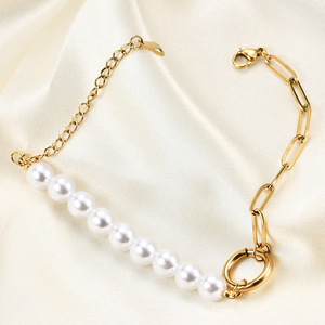 Pulsera de Cadena de Perlas Geométricas de Acero Dorado para Mujer, Uso Diario, Acero Inoxidable 304 AD1597 - Product Image 2
