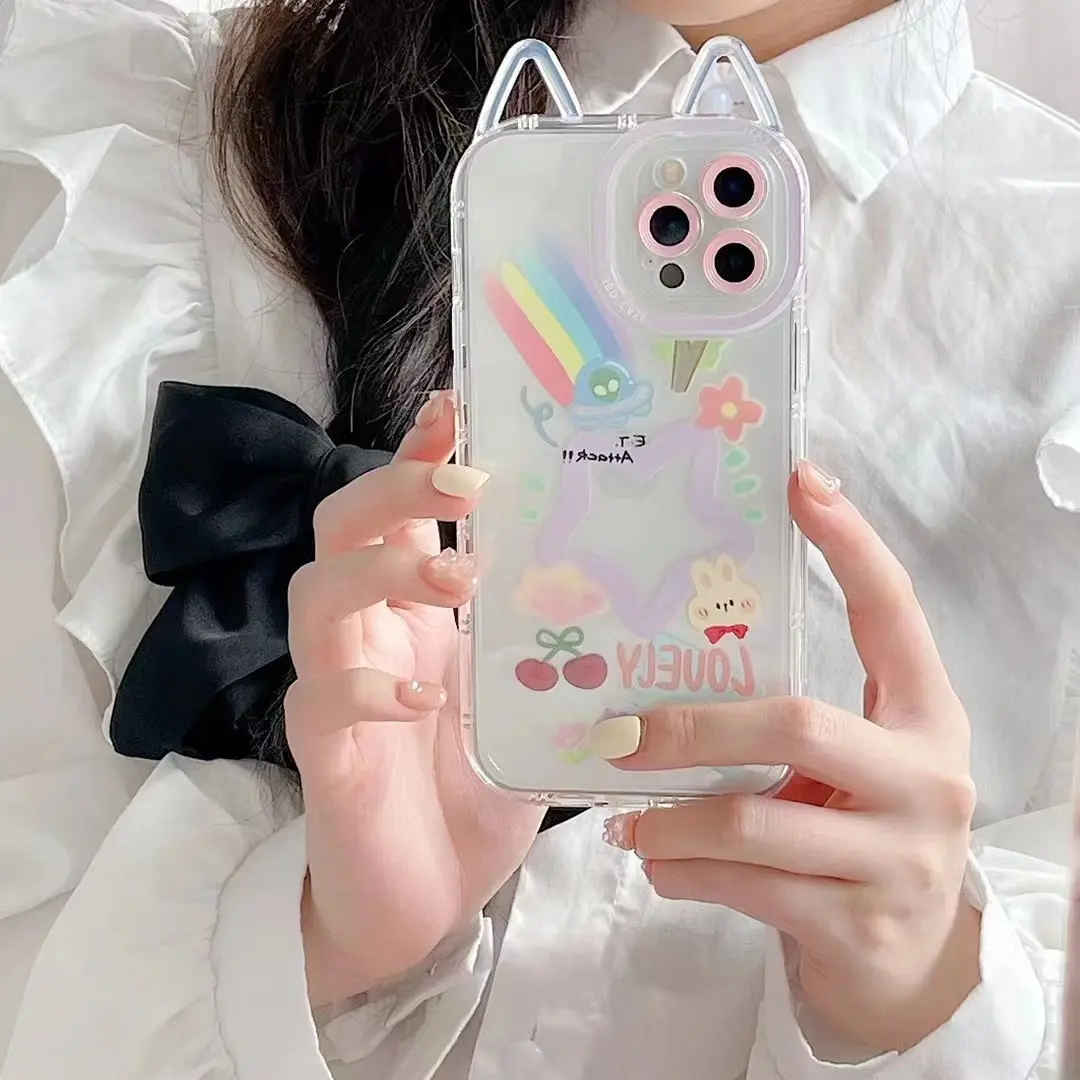 Funda de teléfono con orejas de gato para iPhone, funda de TPU suave con diseño de arcoíris para iPhone 14 13 Pro Max
