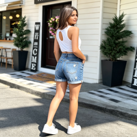 Shorts en jean taille haute pour femme, à ourlet retroussé, déchirés et usés, en denim extensible, été, vente en gros