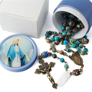 处女玛丽6毫米蓝色帝国碧玉宝石珠天主教念珠与反青铜镀十字架