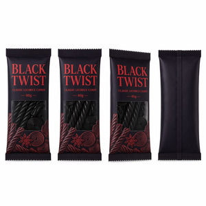 Sacchetto per alimenti monodose piatto con finestra, sigillatura a punta, nero classico, per caramelle alla liquirizia, torsioni e ruote di liquirizia retrò - Product Image 1