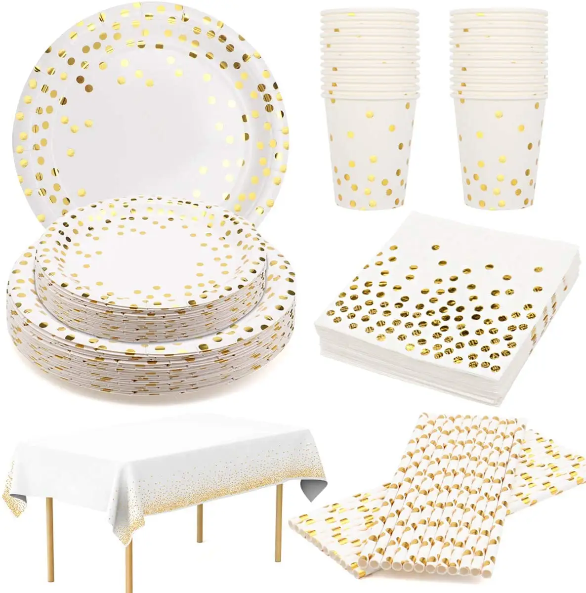 Fournitures de fête en or blanc assiettes de fête d'anniversaire en or jetables vaisselle serviettes tasses pailles