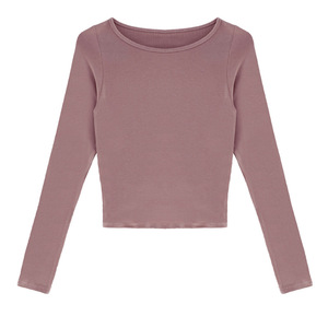 Haut de yoga SUHE TS-005 à manches longues et coupe ajustée, dos nu, pour femme, T-shirt de danse, couleurs unies automne rose, noir, abricot - Product Image 5