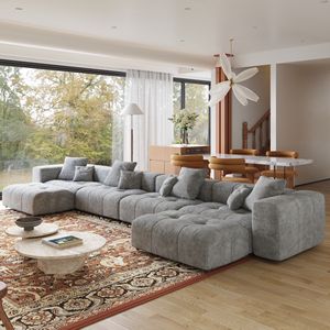 Canapé Modulable Atunus en Stock, Tissu Lin Doux Gris, Design Moderne pour Salon, Structure Bois, Disponible en <span class=keywords><strong>3</strong></span>, 4 ou 7 Places, Style Nordique Familial - Product Image 2