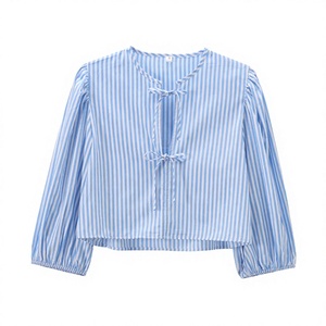 Chemisier en popeline rayé bleu pour femme, col en V, manches ballon, coupe décontractée ample, respirant, printemps-été - Product Image 3