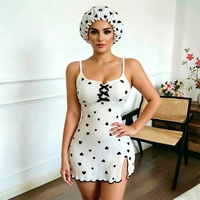 P585 Vente en gros Robe de nuit pour femme en soie de lait à imprimé cœurs, à fines bretelles, avec bonnet de douche, fendue, sexy, tenue d'intérieur, vêtements de nuit, pyjama