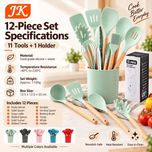 Juego de utensilios de cocina de silicona Jinke de 12 piezas con mango de madera, antiadherentes, ecológicos, espátula, cuchara, batidor y soporte de almacenamiento. - Product Image 4