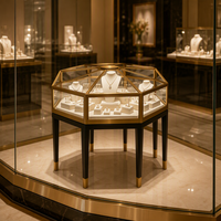 Vitrine à bijoux en métal octogonal, comptoir d'exposition de bijoux en verre trempé avec éclairage LED, boutique de bijoux de luxe